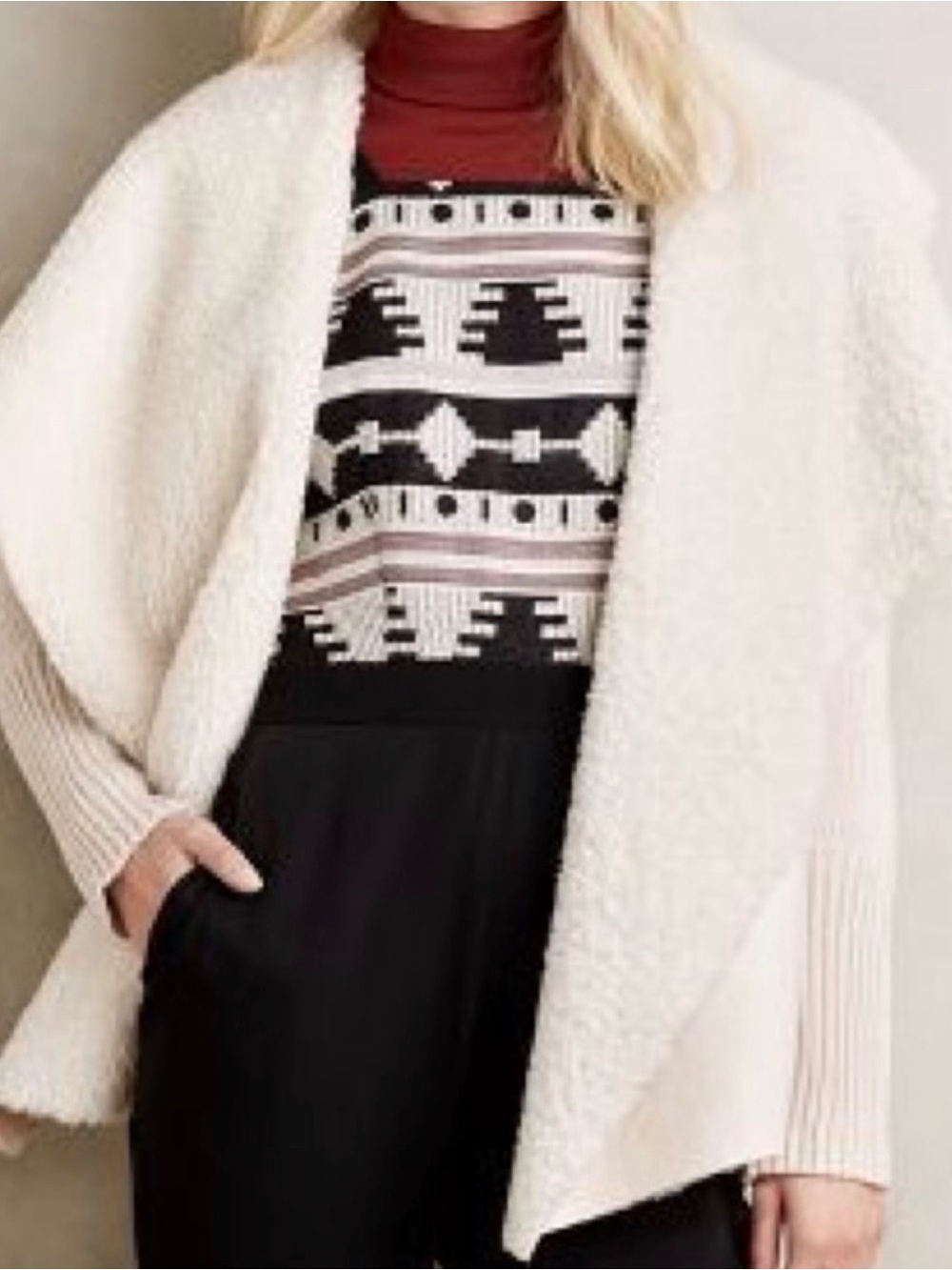 Anthropologie  Faux Suede Sherpa Drape Cardigan Knit Sweater Jacket Cream XS